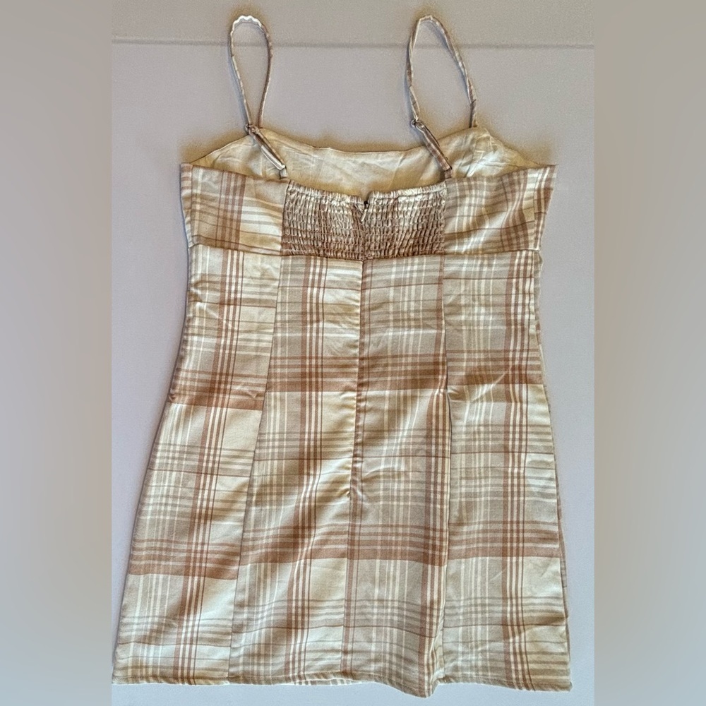 AEROPOSTALE Spaghetti Strap Plaid‎ Mini Dress w/ Slit @ Hem Brown/Cream Sz L - Picture 2 of 14